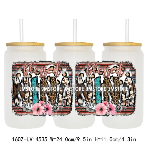 Floral Blessed Mama Leopard Mom 16OZ UV DTF Cup Wraps Ready To Apply Waterproof Transfer Stickers For Libbey Glass Can Tumbler
