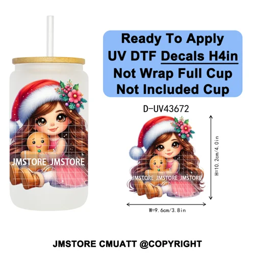 Floral Christmas Latina Chibi Girl UV DTF Transfer Stickers Decals Ready To Apply Good Quality Prints For Libbey Cold Cup Mugs