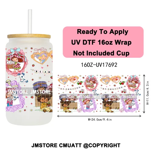 90s Cartoon Strawberry Characters Coquette Bow 16OZ UV DTF Cup Wraps Ready To Apply Transfer Stickers For Libbey Glass Can Mugs