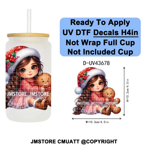Floral Christmas Latina Chibi Girl UV DTF Transfer Stickers Decals Ready To Apply Good Quality Prints For Libbey Cold Cup Mugs