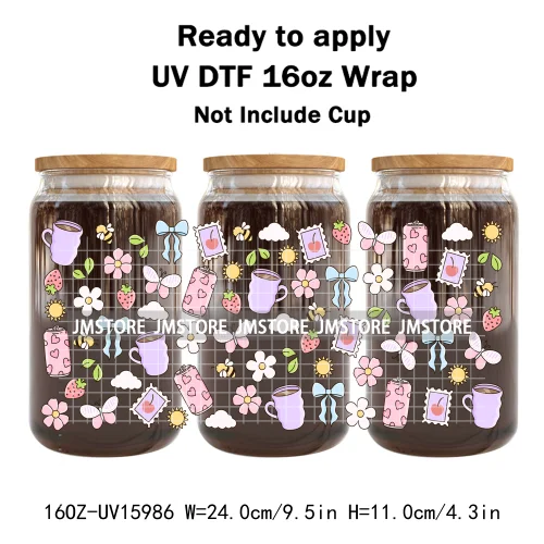Coffee Coquette Bookish School Girly UV DTF Wraps Transfer Sticker Waterproof High Quality For 16OZ Libbey Glass Can Tumbler Mug