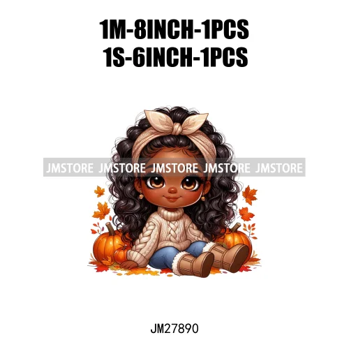 New Autumn Chibi Black Baby Girls Cartoon Afro Princess Pumpkin Fall Season DTF Iron On Heat Press Transfer Stickers For Hoodies