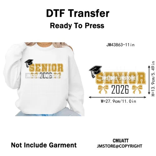 High School Senior 2026 Graduation Club Coquette Gifts Iron on Washable DTF Heat Transfers Stickers Ready to Press for Clothes