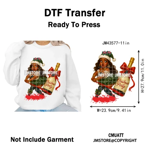 Wine Christmas Black Girls Santa Cheer Winter Holiday Party Iron on Washable DTF Transfers Stickers Ready to Press for Textiles