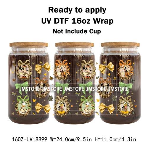 Coquette Bow Cartoon Princess Mirror UV DTF Cup Wrap Ready To Apply Transfer Stickers Waterproof Logo For 16OZ Libbey Glass Can