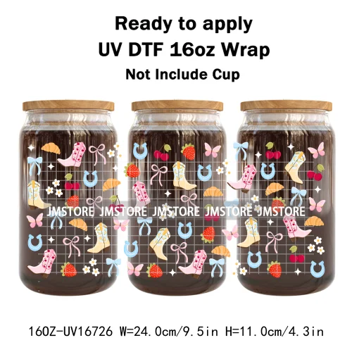 Floral Coquette Bow Strawberry Lemon Bookish UV DTF Wraps Transfer Sticker Waterproof Logo For 16OZ Libbey Glass Can Tumbler