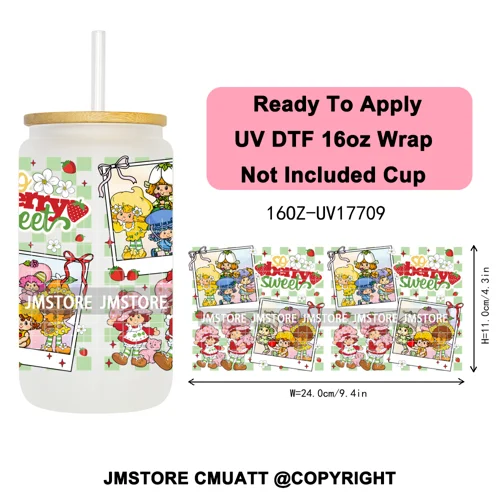 90s Cartoon Strawberry Characters Coquette Bow 16OZ UV DTF Cup Wraps Ready To Apply Transfer Stickers For Libbey Glass Can Mugs