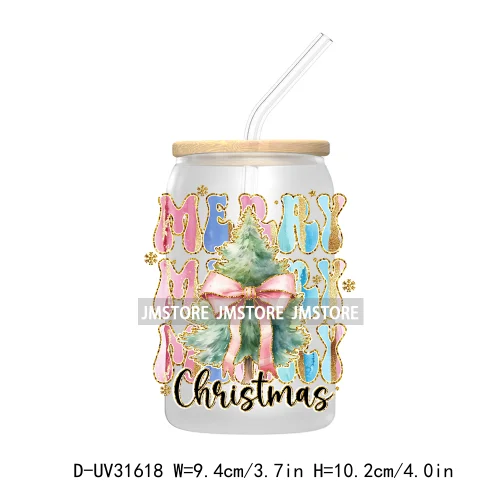 Merry Bright Coquette Bow Glitter Christmas Tree Girly UV DTF Transfer Stickers Decals For Libbey Cold Cup Mug Tumbler Durable