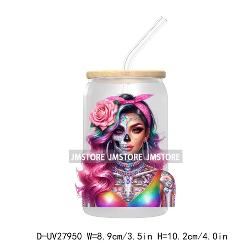 Rainbow Diamond Glamor Latina Skeleton UV DTF Transfer Stickers Decals For Libbey Cold Cups Mugs Tumbler Chicana Latina Woman