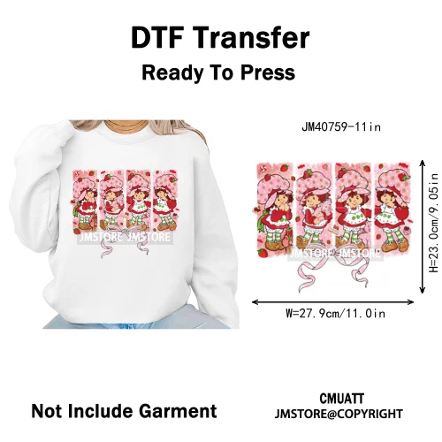 Sweet Strawberry Friends 80s Girl Cartoon Pink Coquette Bows Iron on DTF Washable Transfers Stickers Ready to Press for Clothing
