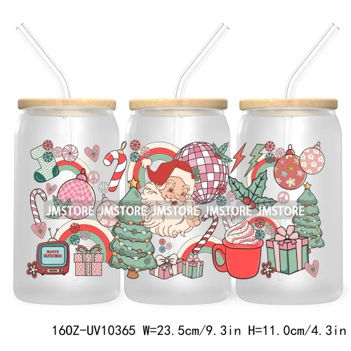 Retro Christmas Santa Claus 16OZ UV Cup Wrap DTF Transfer Stickers For Libbey Glass Can Cups Tumbler Cookie Gingerbread Dog Mom