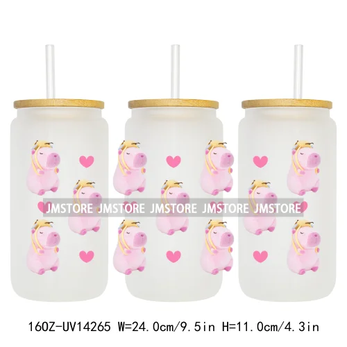 Cute Capybara Flower Heart UV DTF Wraps Transfer Sticker Selfadhesive Waterproof High Quality For 16OZ Libbey Glass Can Tumbler