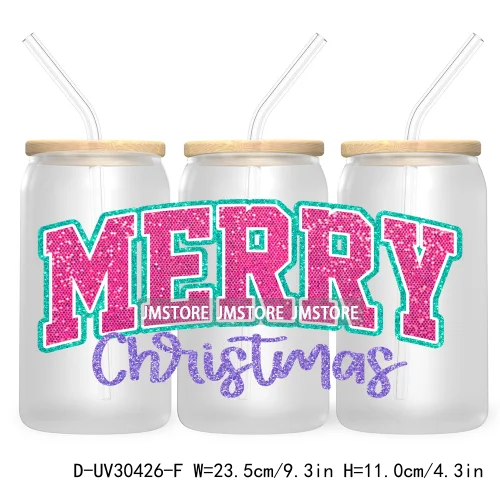 Merry And Bright Santa Baby New Year 16OZ UV Cup Wrap DTF Transfer Stickers For Libbey Glass Cups Tumbler Family Christmas Mommy