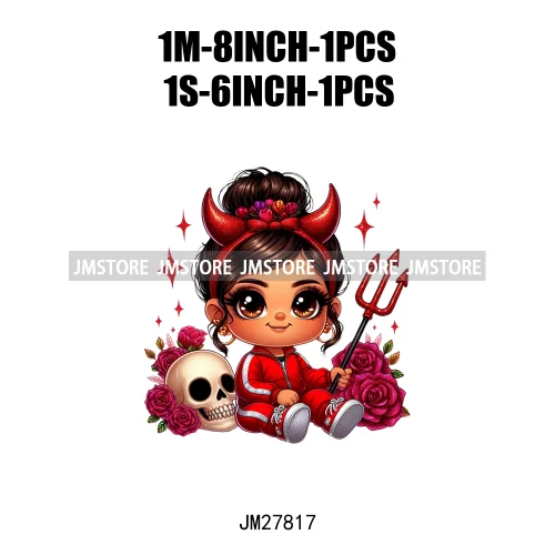 Chibi Cute Halloween Devil Latina Baby Hispanic Girls Skull Red Rose DTF Iron On Transfer Stickers Ready To Press For Sweatshirt