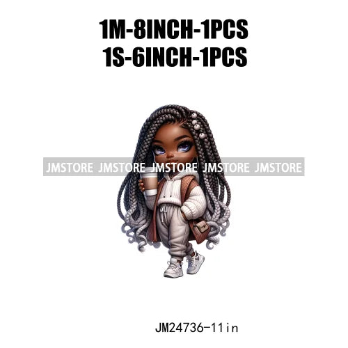 Dreadlocks Coffee Chibi Black Girls Pink Fashion African American Denim Girl Iron On DTF Heat Press Transfer Stickers For Shirts