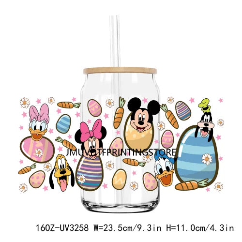 Cute Easter Bunny Cartoon UV DTF Sticker For 16OZ Libbey Glass Cup Can Wrap Transfer Sticker Custom Label DIY Logo Spring Flower