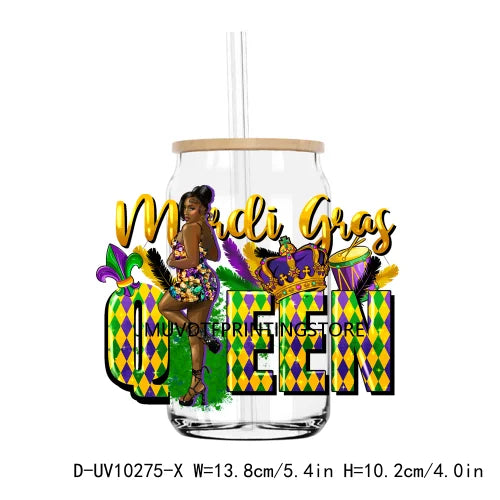 Happy Mardi Gras Afro Messy Bun UV DTF Transfers Stickers Decals For Libbey Cold Cups Mugs Tumbler Waterproof DIY Logo