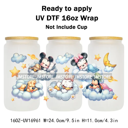 Cute Cartoon Character Sleeping On The Clouds UV DTF Stickers Ready To Apply Cup Wrap Custom Labels For 16OZ Libbey Can Glass