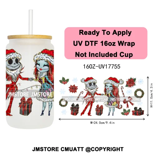Christmas Cartoon Princess Merry Greenmas 16OZ UV DTF Cup Wraps Ready To Apply Waterproof Transfer Stickers For Libbey Glass Can