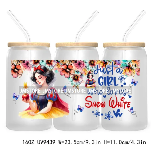 Just A Girl Who Loves Cartoon Princess 16OZ UV Cup Wrap DTF Transfer Stickers For Libbey Glass Can Cups Tumbler Waterproof Label