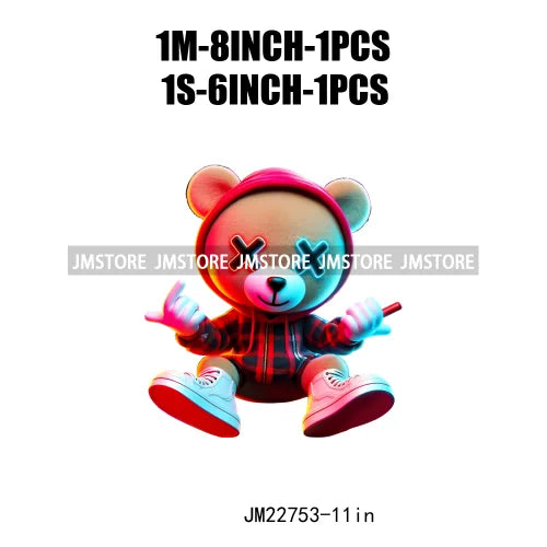 Cool Neon Colorful Hip Hop Streetwear Urban Teddy Bear Iron On DTF Transfers Stickers Ready To Press For Clothing Bags