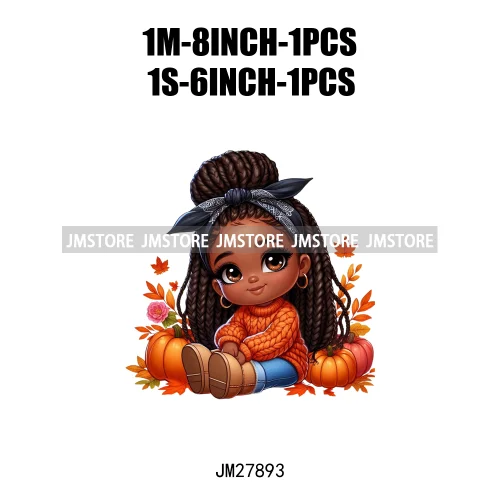 New Autumn Chibi Black Baby Girls Cartoon Afro Princess Pumpkin Fall Season DTF Iron On Heat Press Transfer Stickers For Hoodies