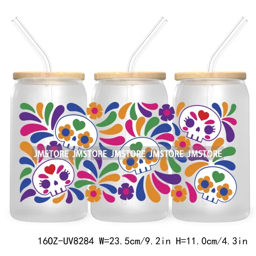 Mexican Butterfly Flowers 16OZ UV DTF Cup Wrap Transfer Sticker Custom Label Waterproof Logo For Libbey Glass Can Latina Culture