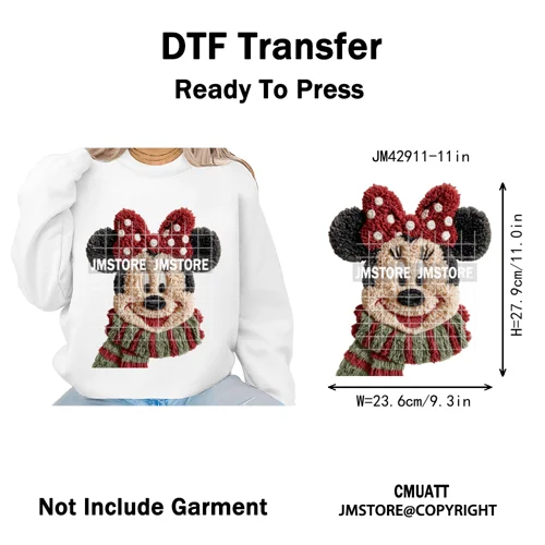 Scarf Christmas Cartoon Movie Mouse Friends Faux Yarn Embroidery Iron on DTF Transfers Stickers Ready to Press for Sweatshirts