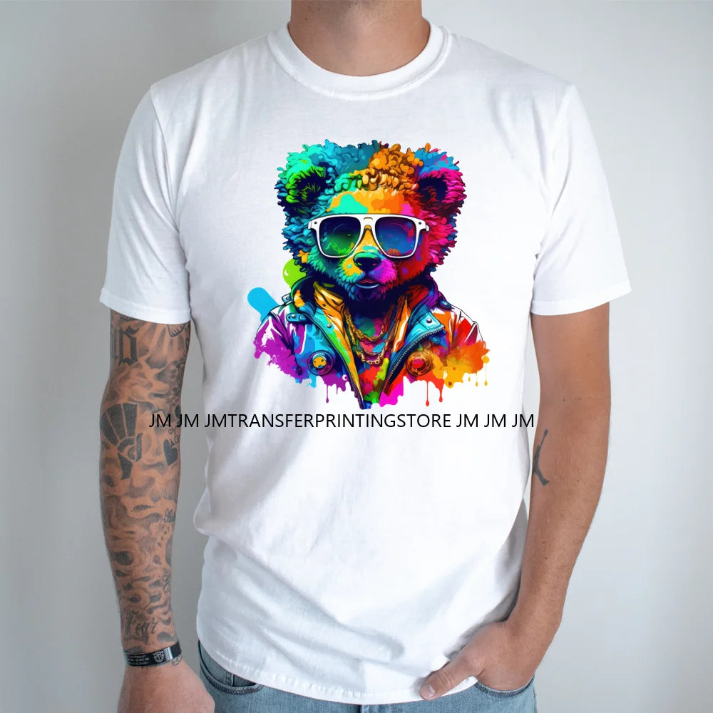 Cool Neon Colorful Hip Hop Streetwear Urban Teddy Bear Iron On DTF Transfers Stickers Ready To Press For Clothing Bags