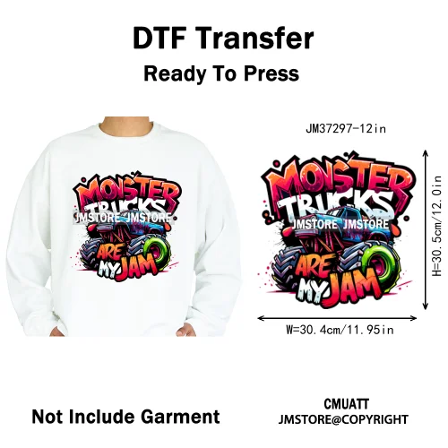 12in Monster Trucks Are My Jam Urban Graffiti Racing Rules Iron on Washable DTF Transfers Stickers Ready to Press for Clothing