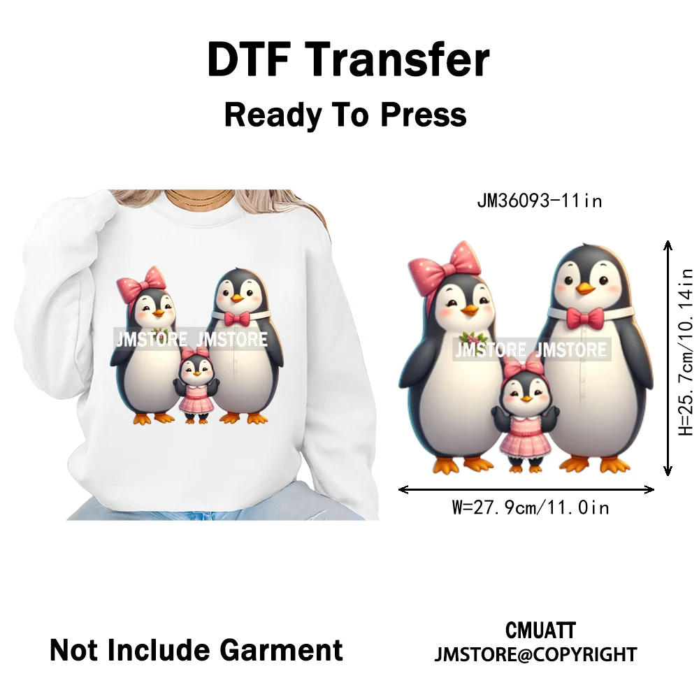 Cute Animal Penguins Coquette Hat Family Mom Father Baby Lovers Iron on DTF Heat Transfer Stickers Ready to Press for Hoodies