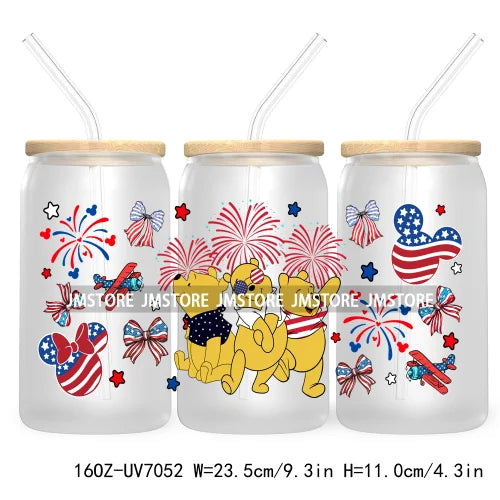 Happy 4TH Of July Cartoon Bear Friends 16OZ UV DTF Cup Wrap Transfer Stickers For Libbey Glass Can Cups Tumbler Waterproof Craft