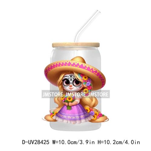 Cute Latina Cartoon Princess Baby Girl UV DTF Transfer Stickers Decals For Libbey Cold Cups Mug Tumbler Labels Sugar Skull Woman