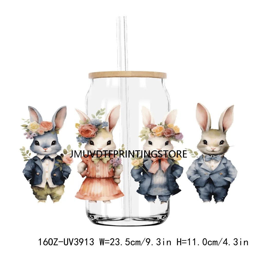 Cute Easter Bunny Rabbit With Flower 16OZ UV DTF Cup Wrap Transfer Sticker Custom Label DIY Waterproof Logo For Libbey Glass Can