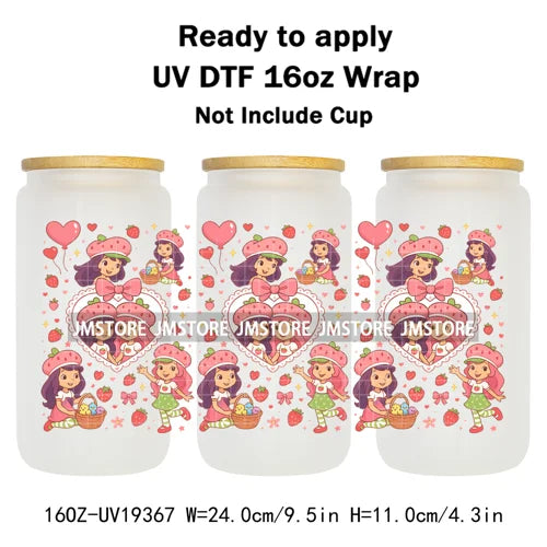 Strawberry Girls Cartoon Magic Mirror UV DTF Transfer Sticker Cup Tumbler Wrap For 16OZ Libbey Glass Wraps Bottle Mug DIY Labels