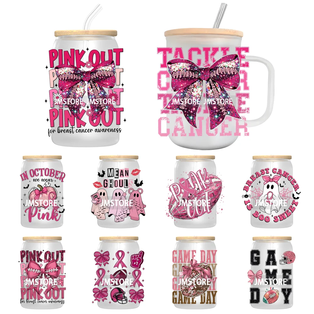 Football Pink Out Breast Cancer Awareness UV DTF Transfer Stickers Decals For Libbey Cold Cups Mugs Tumbler Coquette Bow Ribbon