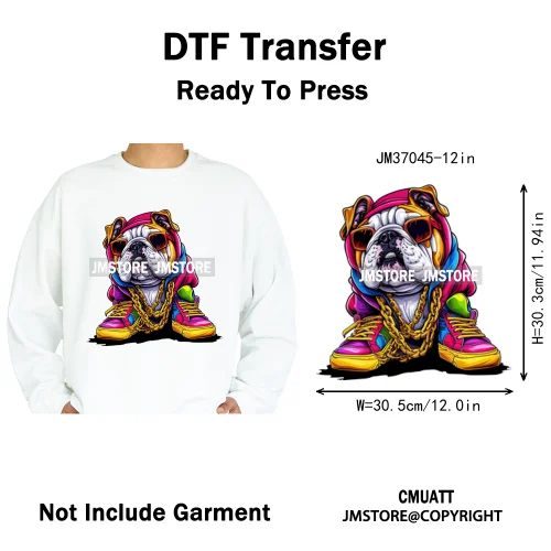 12in Streetwear Vibes Rich Cool Cartoon Bulldog King Designs Washable Iron on DTF Transfers Stickers Ready to Press for Clothes