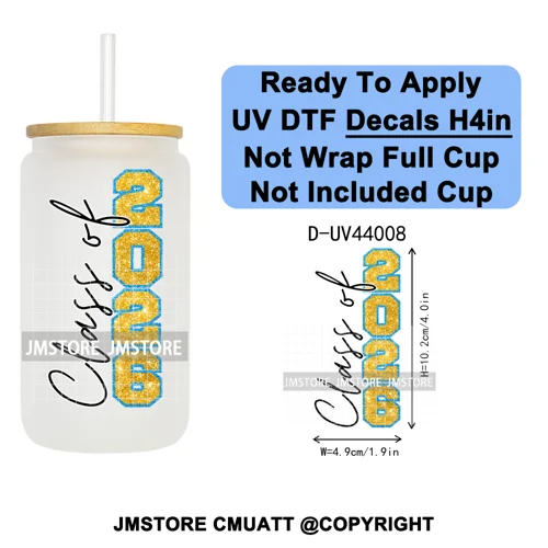 Faux Glitter Senior 2026 School UV DTF Decals Ready To Apply Waterproof Transfer Stickers DIY Crafts For 16OZ Libbey Glass Can