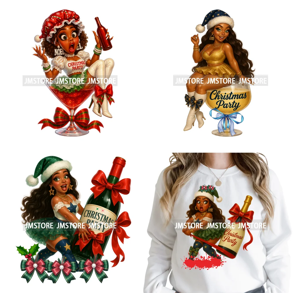 Wine Christmas Black Girls Santa Cheer Winter Holiday Party Iron on Washable DTF Transfers Stickers Ready to Press for Textiles