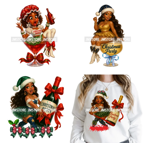 Wine Christmas Black Girls Santa Cheer Winter Holiday Party Iron on Washable DTF Transfers Stickers Ready to Press for Textiles