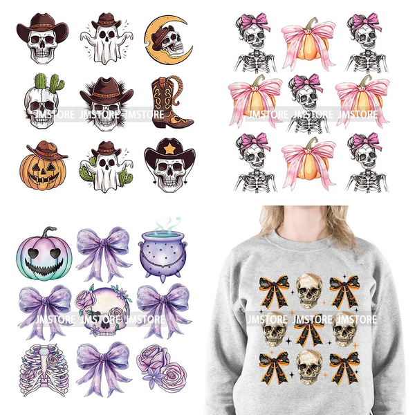 New Halloween Skeleton Ghost Coquette Bow Witch Hats Pumpkin Designs DTF Iron On Transfers Stickers Ready To Press For Hoodies