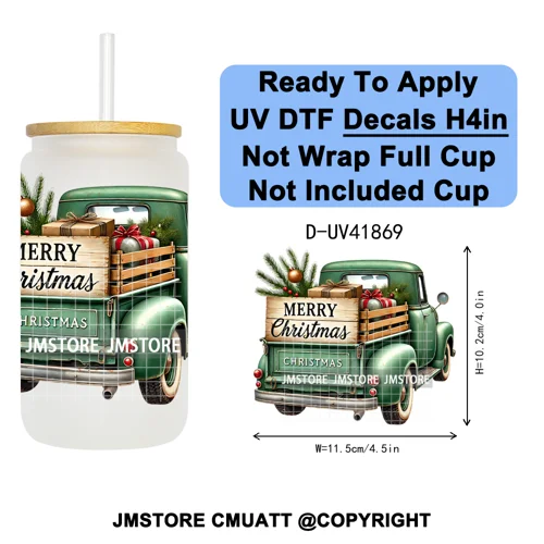 Watercolor Christmas Farm Truck Xmas Gifts UV DTF Transfer Stickers Decals Ready To Apply Waterproof For 16OZ Libbey Glass Can