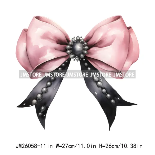 Trendy New Girl Pink Black Polka Dots Ribbons Coquette Bows Washable DTF Iron On Transfer Stickers Ready To Press For Clothing