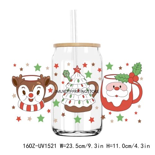 Christmas Santa Gingerbread 16OZ UV DTF Cup Wrap Transfer Sticker Custom Labels DIY Durable Waterproof Logo For Libbey Glass Can