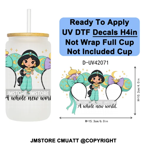 Cartoon Mouse Head Princess Family Vacation UV DTF Decals Ready To Apply Waterproof Transfer Stickers For 16OZ Libbey Glass Can