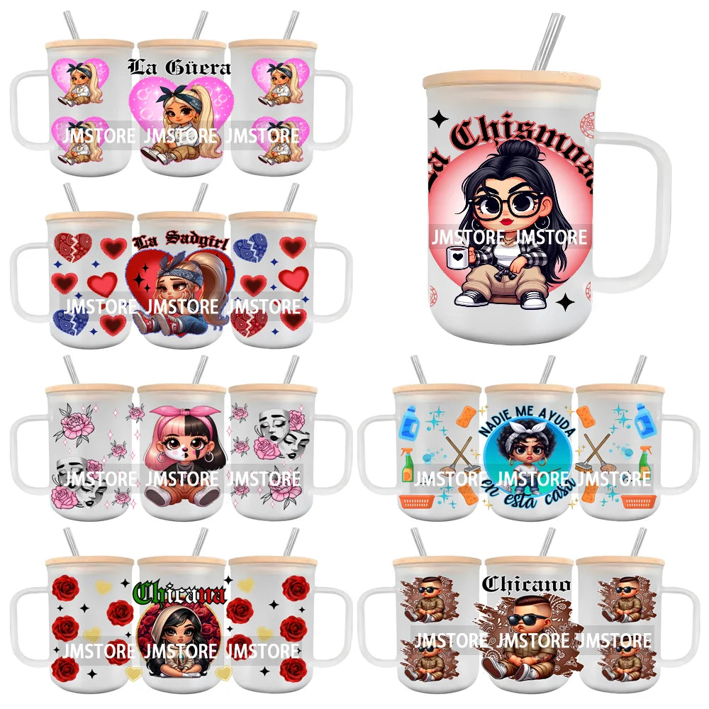 Cartoon Chicano Girls Rose UV DTF Glass Can Wrap For 15OZ Mug Coffee Cup Transfer Sticker DIY Custom Logo Labels Mexican Culture