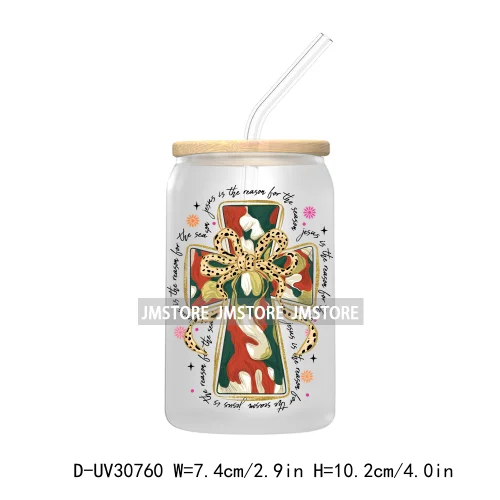 Christian Christmas Coquette Glitter Jesus Cross UV Sticker Decals For Libbey Cold Cups Mug Tumbler Transfer Stickers Waterproof