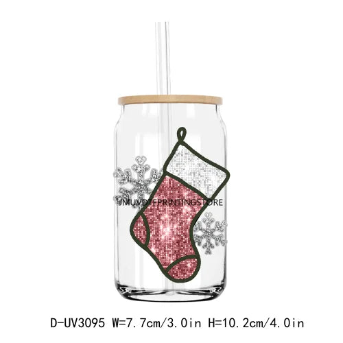 Faux Sparkly Glitter Holly Jolly Christmas UV DTF Transfer Stickers Decals For Libbey Cold Cups Mugs Tumbler Waterproof DIY Logo