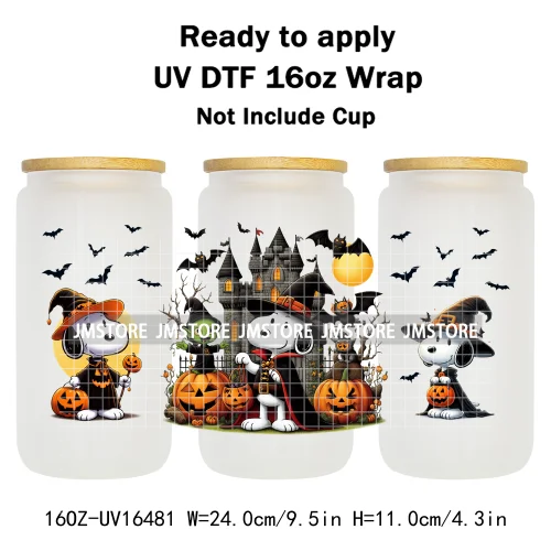 Spooky Ghost Halloween Pumpkin Cartoon Dog 16OZ UV DTF Cup Wraps Ready To Apply Waterproof Transfer Sticker For Libbey Glass Can