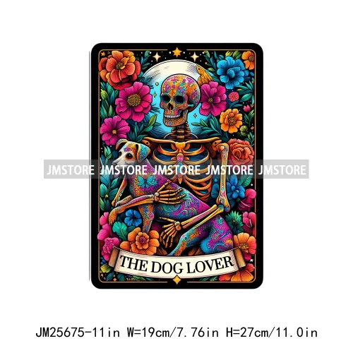 Custom Flower La Chismosa Dog Cat Lover Badass Skull Tarot Card  DTF Iron On Heat Transfers Stickers Ready To Press For Hoodies